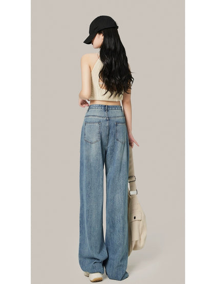 Ripped jeans women's wide-leg pants 2024 spring new high-waisted straight-leg loose slimming floor-length pants for small people