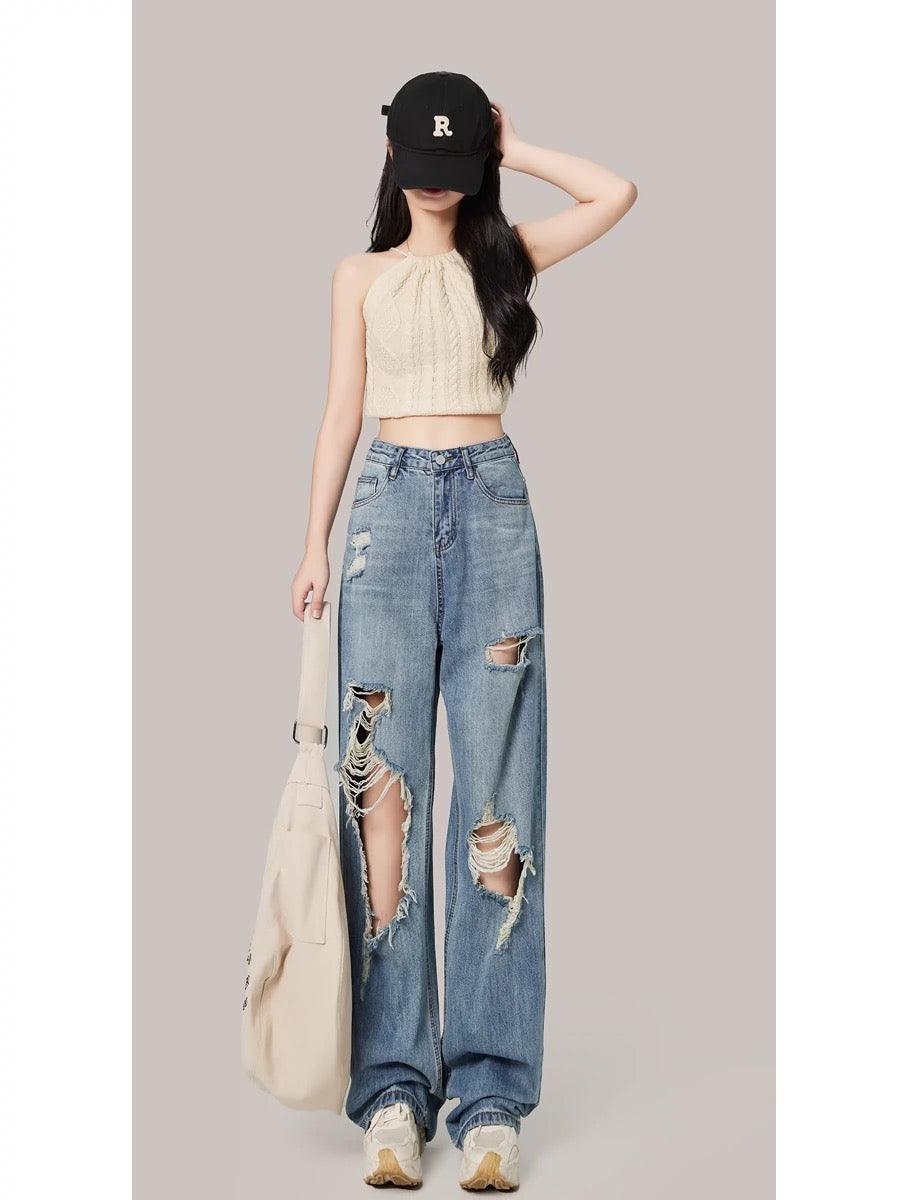 Ripped jeans women's wide-leg pants 2024 spring new high-waisted straight-leg loose slimming floor-length pants for small people