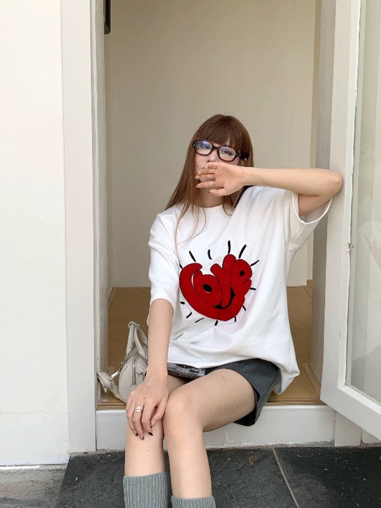 Love embroidered half-sleeved T-shirt for women 2024 summer new style lazy style loose slimming short-sleeved black chic top