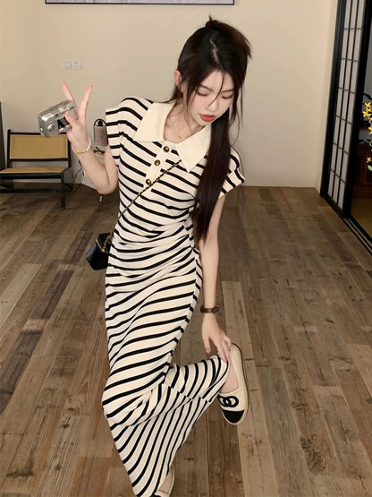 French high-end temperament polo collar striped knitted dress 2024 summer slim slim long skirt for women