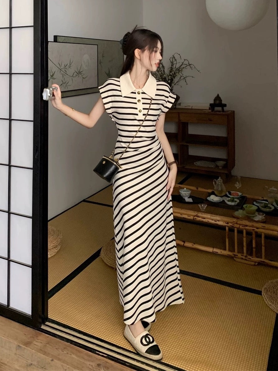 French high-end temperament polo collar striped knitted dress 2024 summer slim slim long skirt for women