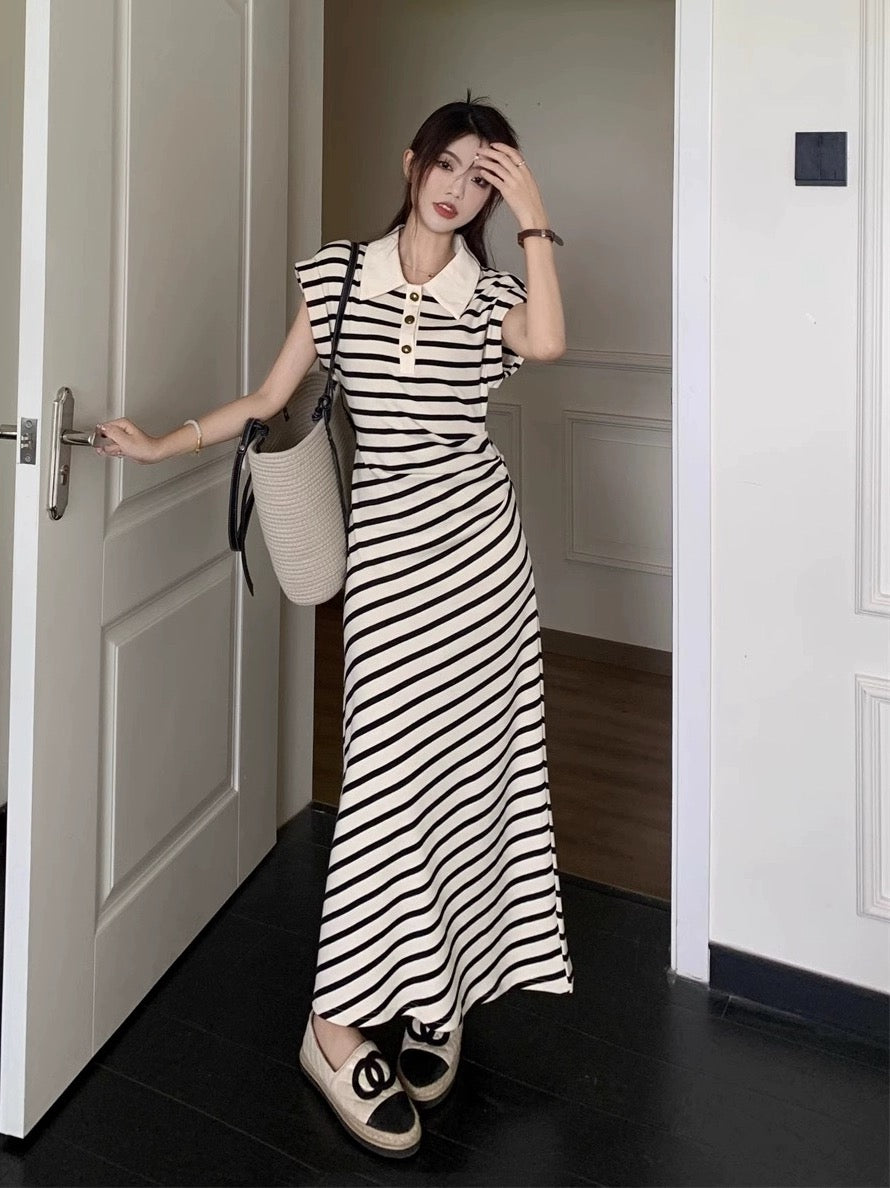 French high-end temperament polo collar striped knitted dress 2024 summer slim slim long skirt for women