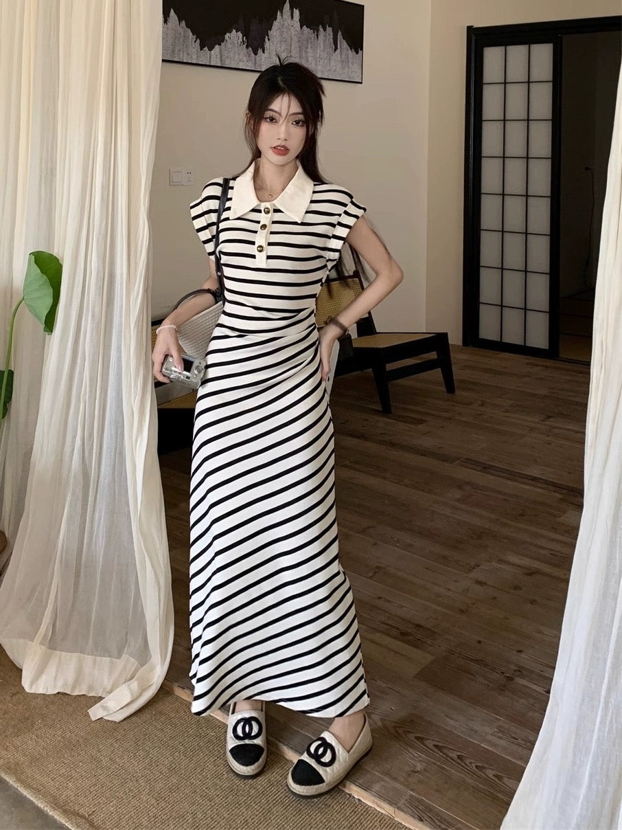 French high-end temperament polo collar striped knitted dress 2024 summer slim slim long skirt for women