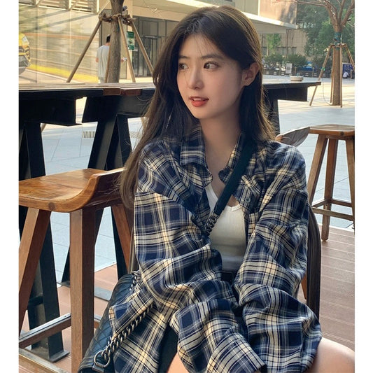 Power style plaid shirt women's lazy style retro loose shirt cardigan coat sun protection top thin summer