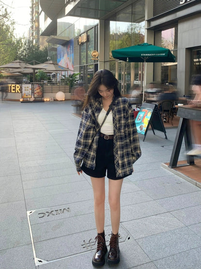 Power style plaid shirt women's lazy style retro loose shirt cardigan coat sun protection top thin summer