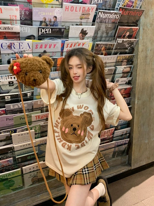 Thin cute bear short-sleeved T-shirt for women 2024 summer new half-sleeved sweatshirt loose mid-length casual top