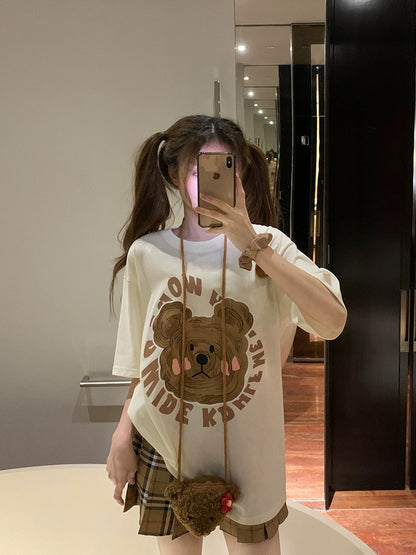 Thin cute bear short-sleeved T-shirt for women 2024 summer new half-sleeved sweatshirt loose mid-length casual top