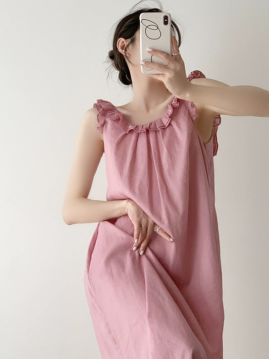 Pink ramie back drawstring backless dress women's summer design ruffled age-reducing loose mid-length skirt