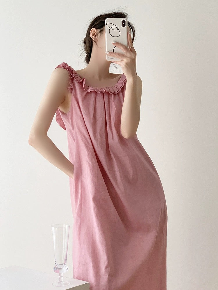 Pink ramie back drawstring backless dress women's summer design ruffled age-reducing loose mid-length skirt