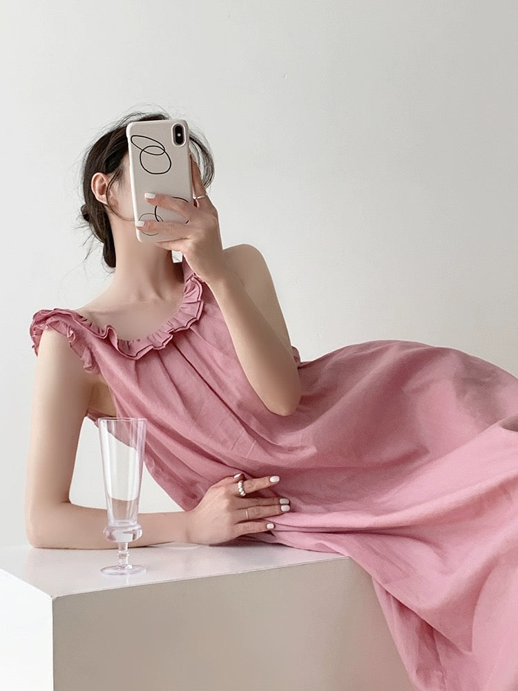 Pink ramie back drawstring backless dress women's summer design ruffled age-reducing loose mid-length skirt