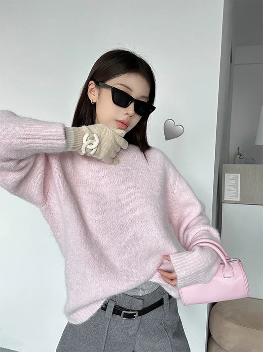 [Little Relatives] Strawberry Gummy 2024 Autumn and Winter New Style Korean Style Baby Pink Warm Loose Sweater