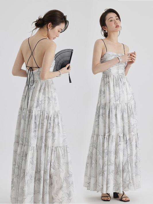 Signer New Chinese Ink Painting Dress Women's 2024 Summer New Design Backless Resort Style Fairy Long Dress