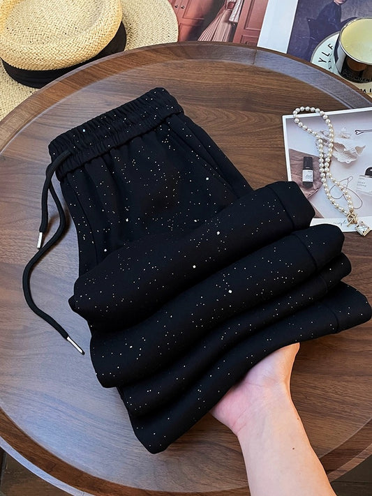 Fashionable star-studded black high-waisted wide-leg pants 2024 early spring new niche design straight casual pants