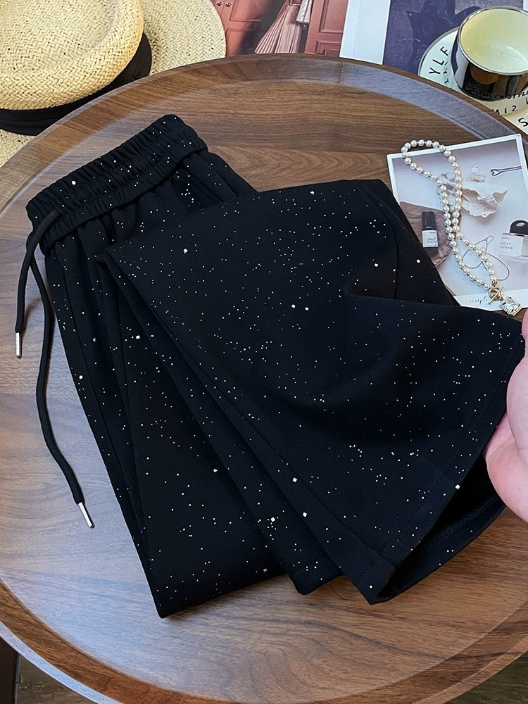 Fashionable star-studded black high-waisted wide-leg pants 2024 early spring new niche design straight casual pants