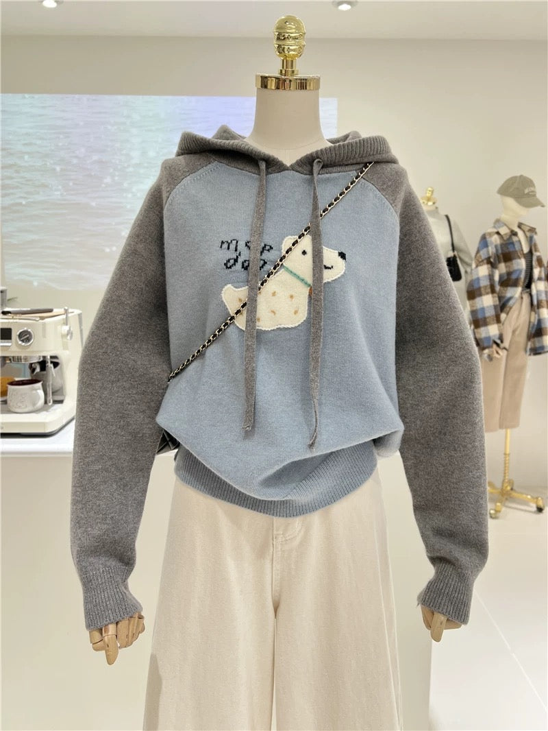 Autumn and winter Korean style niche cartoon three-dimensional puppy warm color matching loose slimming raglan hooded sweater for women