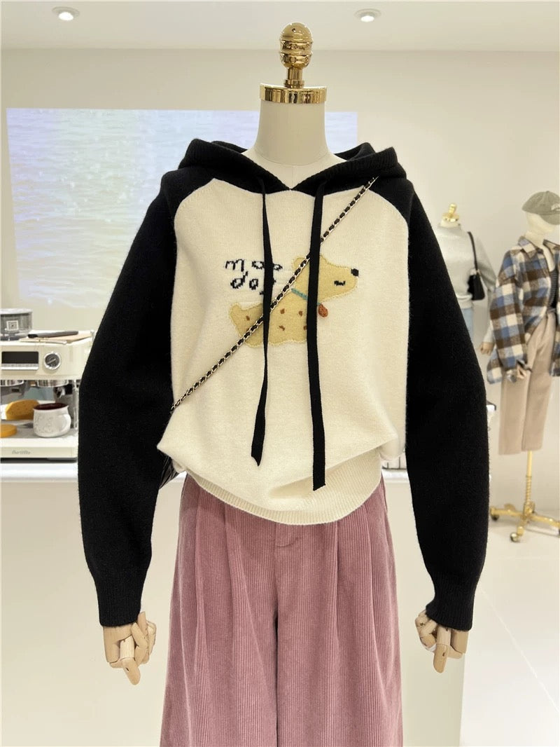 Autumn and winter Korean style niche cartoon three-dimensional puppy warm color matching loose slimming raglan hooded sweater for women