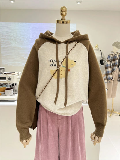 Autumn and winter Korean style niche cartoon three-dimensional puppy warm color matching loose slimming raglan hooded sweater for women