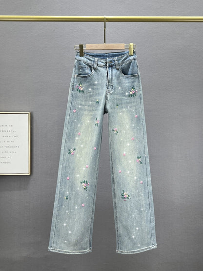 Embroidered jeans women's trousers 2024 new spring high-waisted loose slimming versatile wide-leg pants with hot diamond drop feel