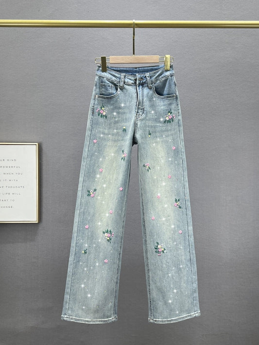 Embroidered jeans women's trousers 2024 new spring high-waisted loose slimming versatile wide-leg pants with hot diamond drop feel