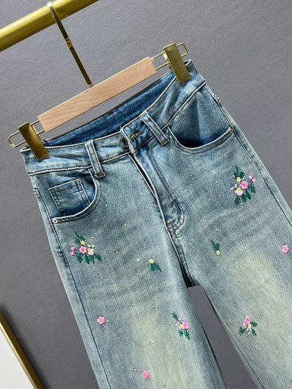 Embroidered jeans women's trousers 2024 new spring high-waisted loose slimming versatile wide-leg pants with hot diamond drop feel