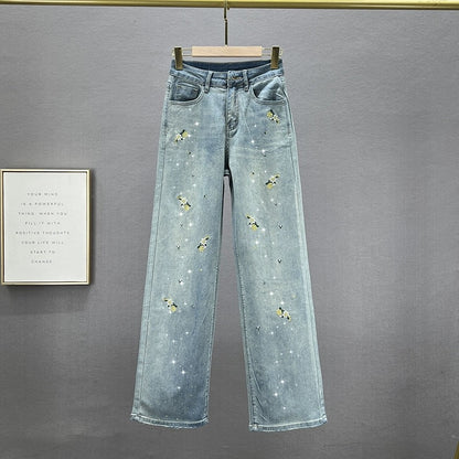 Embroidered jeans women's trousers 2024 new spring high-waisted loose slimming versatile wide-leg pants with hot diamond drop feel