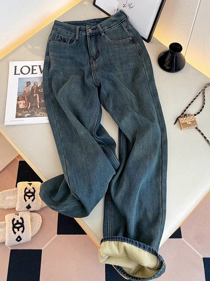 Thickened warm baby velvet face childhood girl autumn and winter waist high smile loose slimming straight wide leg narrow pants