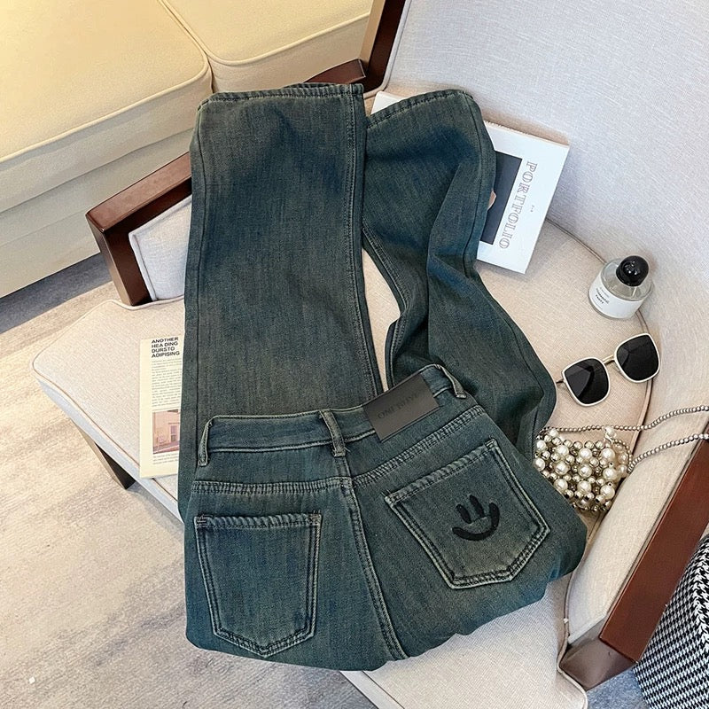 Thickened warm baby velvet face childhood girl autumn and winter waist high smile loose slimming straight wide leg narrow pants