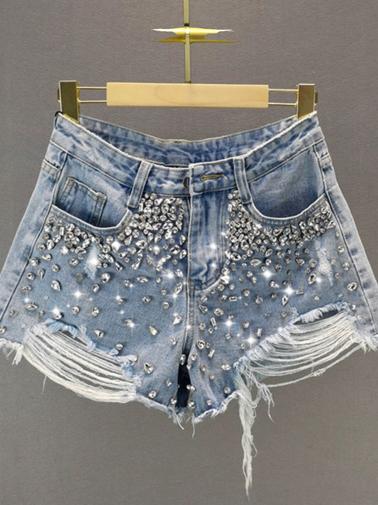 Ripped wide-leg denim shorts for women 2024 summer new high-waisted loose slimming European station heavy-duty diamond-encrusted hot pants