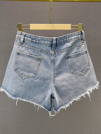 Ripped wide-leg denim shorts for women 2024 summer new high-waisted loose slimming European station heavy-duty diamond-encrusted hot pants