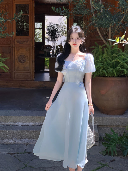 Send a letter "Bai Qing" French three-dimensional handmade flower fairy holiday style dress A-hem waist long skirt