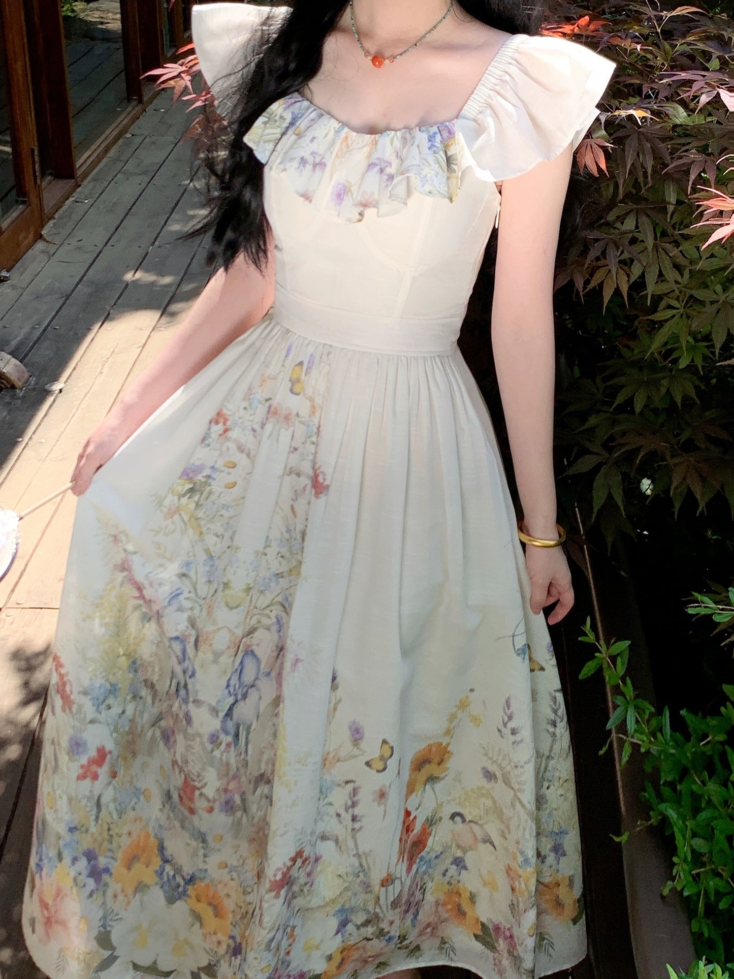 Send a letter "Butterfly Dance Flower Shadow" hand-positioned printed dress waist slimming small flying sleeves summer long dress