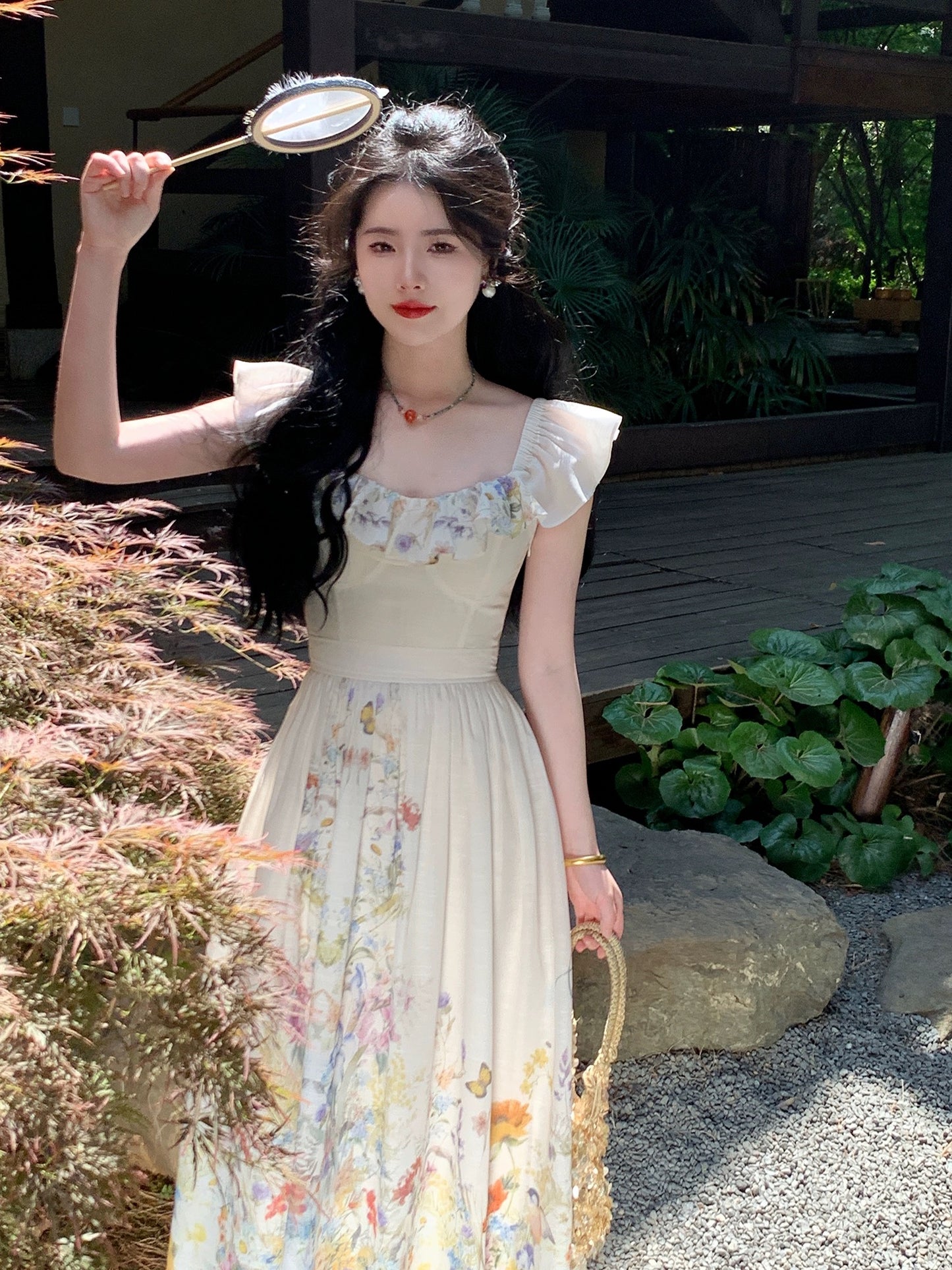 Send a letter "Butterfly Dance Flower Shadow" hand-positioned printed dress waist slimming small flying sleeves summer long dress