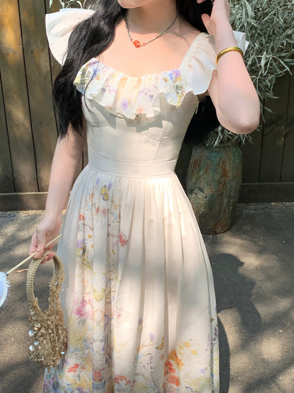 Send a letter "Butterfly Dance Flower Shadow" hand-positioned printed dress waist slimming small flying sleeves summer long dress