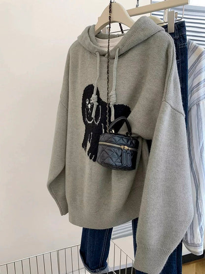 Gray pullover hooded sweater for women autumn and winter outer wear 2024 new hot style loose lazy style knitted sweater top