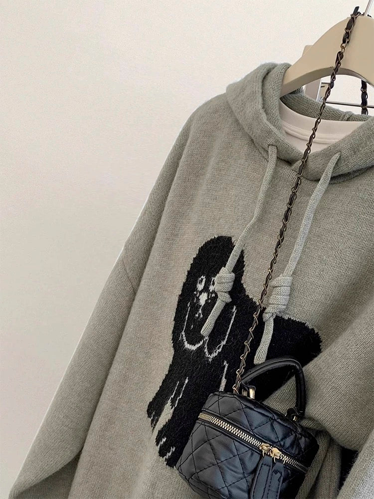 Gray pullover hooded sweater for women autumn and winter outer wear 2024 new hot style loose lazy style knitted sweater top