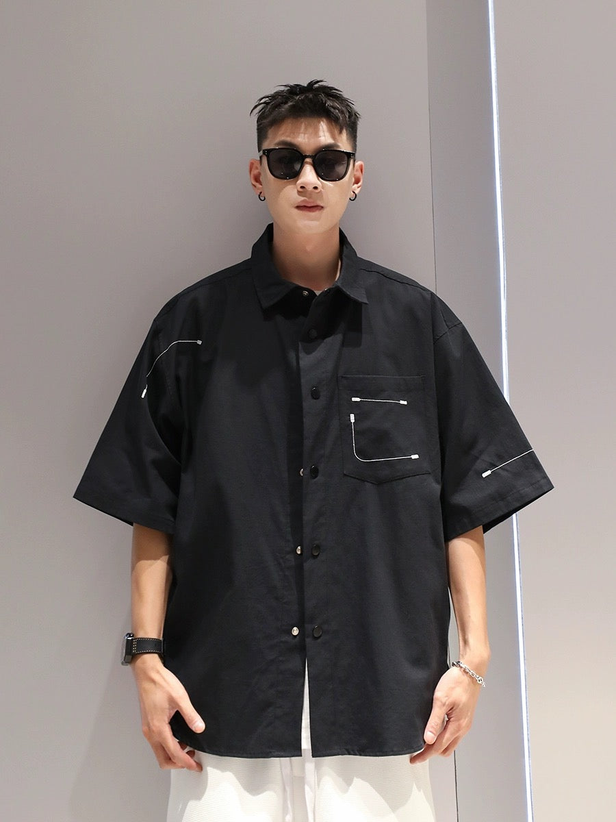 Youshu national fashion embroidery big pocket shirt summer boys new simple casual fashion versatile short-sleeved shirt