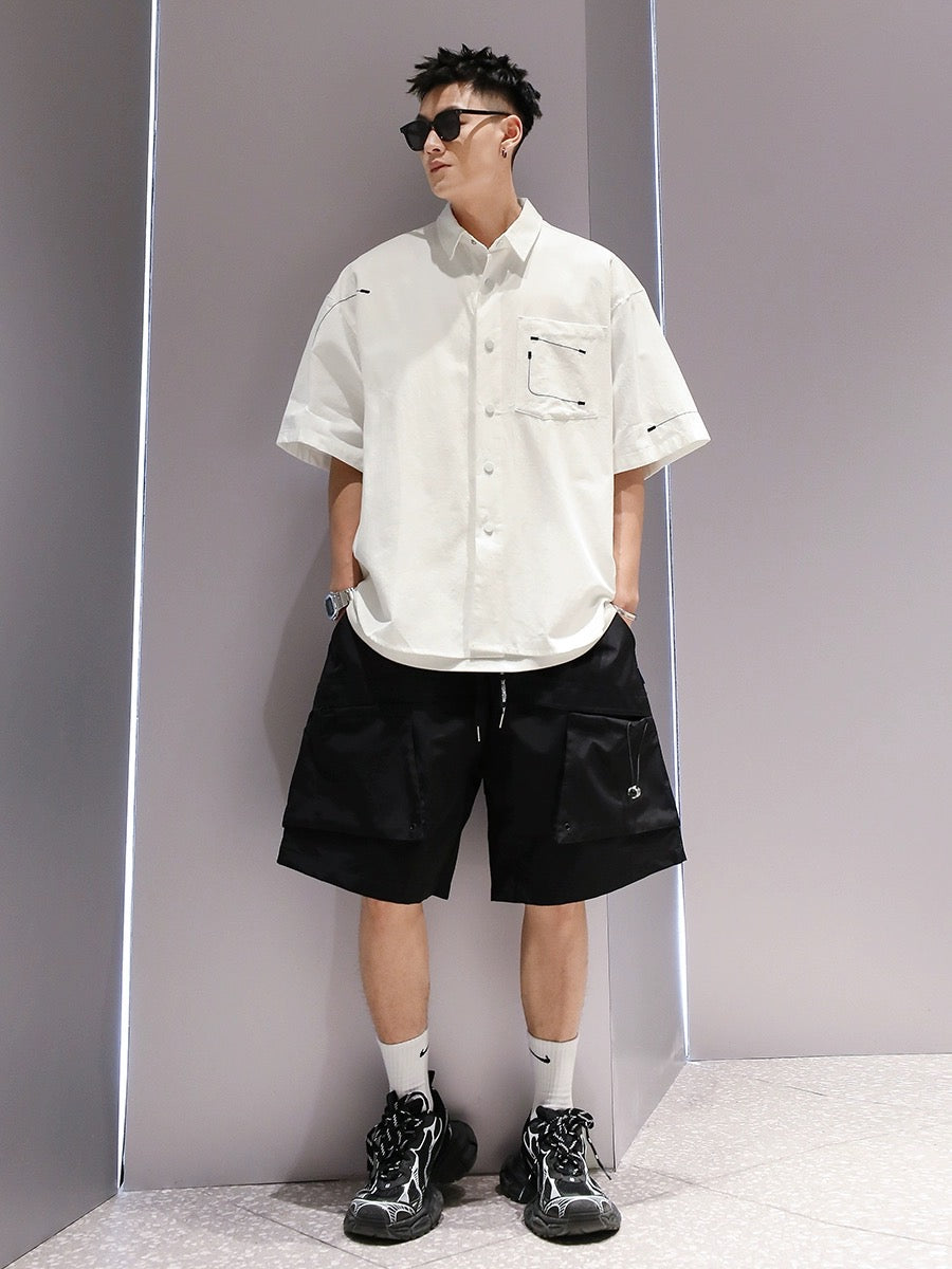 Youshu national fashion embroidery big pocket shirt summer boys new simple casual fashion versatile short-sleeved shirt