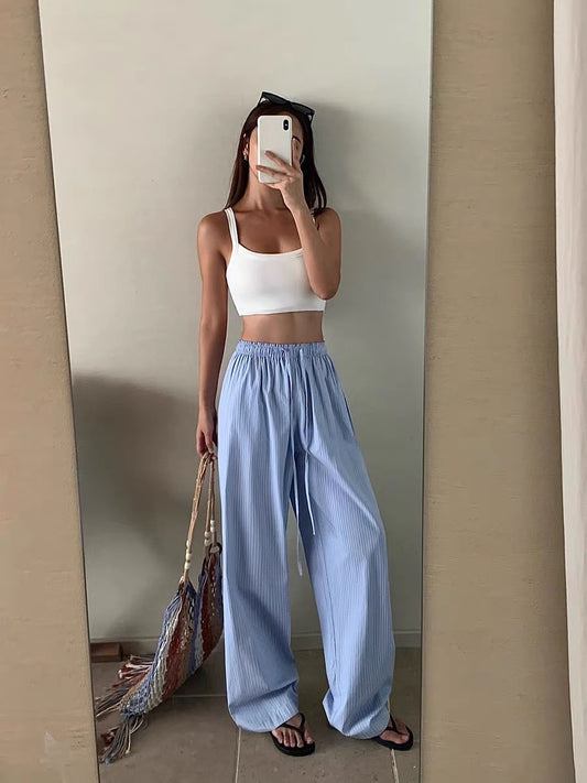 NEVA HU Striped Casual Wide Leg Pants Women's 2024 Summer New Thin High Waist Draping Lazy Floor-Mopping Pants