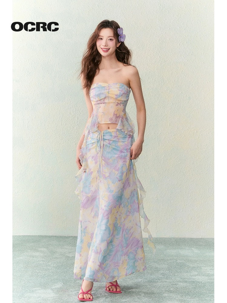 OCRC Official Fantasy Floral Chiffon Two-Wear Suspender Resort Style Pleated Fairy Long Skirt Suit