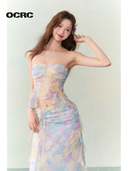 OCRC Official Fantasy Floral Chiffon Two-Wear Suspender Resort Style Pleated Fairy Long Skirt Suit