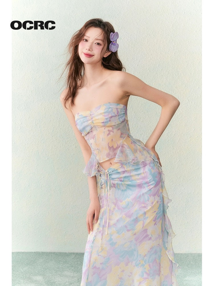 OCRC Official Fantasy Floral Chiffon Two-Wear Suspender Resort Style Pleated Fairy Long Skirt Suit