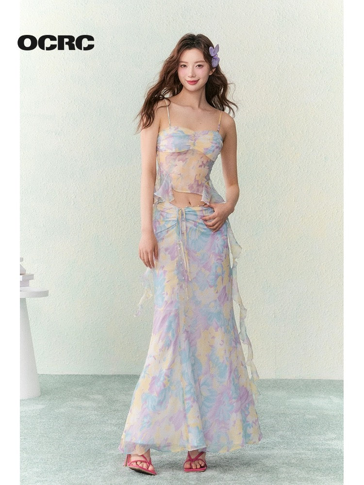 OCRC Official Fantasy Floral Chiffon Two-Wear Suspender Resort Style Pleated Fairy Long Skirt Suit