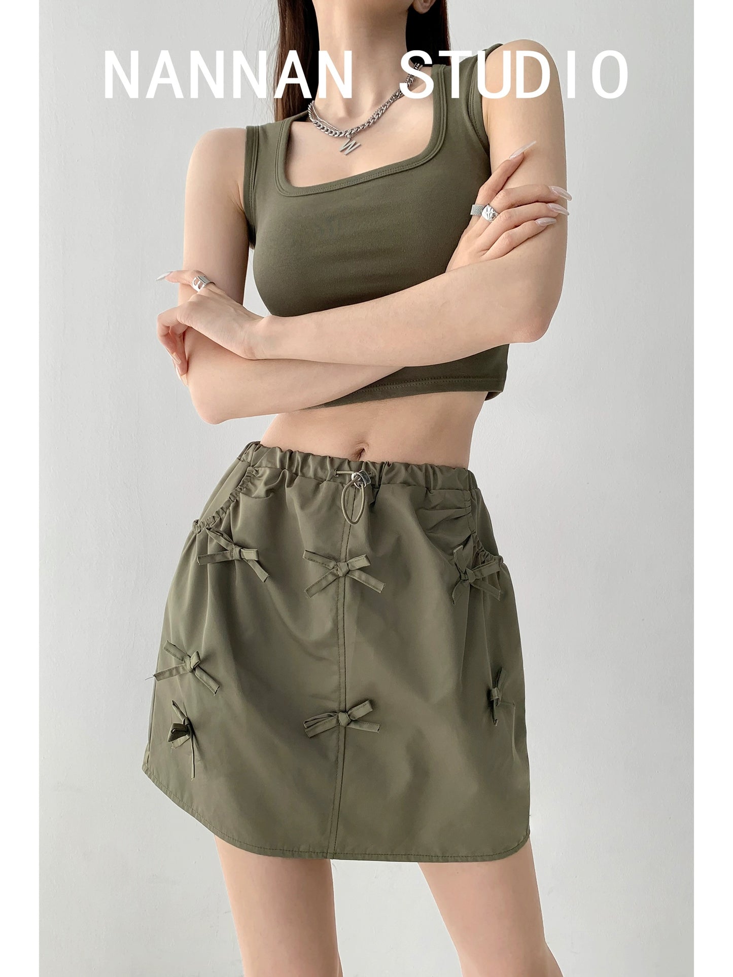 US High School Back to School Day/Three-dimensional Handmade Bow Workwear Skirt Women's Summer Elastic Waist Drawstring A-Line Flower Bud Skirt