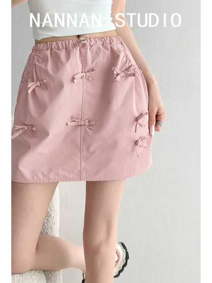 US High School Back to School Day/Three-dimensional Handmade Bow Workwear Skirt Women's Summer Elastic Waist Drawstring A-Line Flower Bud Skirt