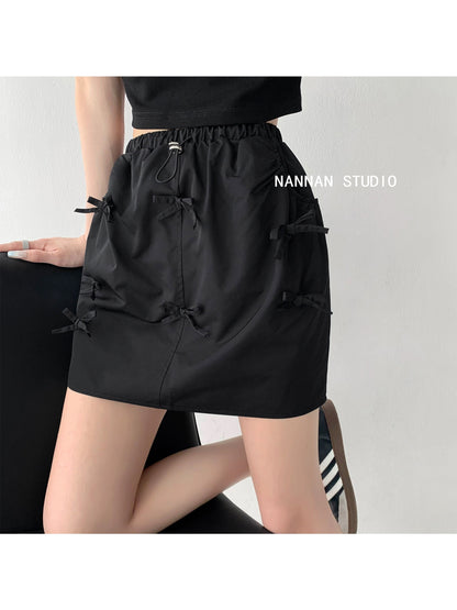 US High School Back to School Day/Three-dimensional Handmade Bow Workwear Skirt Women's Summer Elastic Waist Drawstring A-Line Flower Bud Skirt