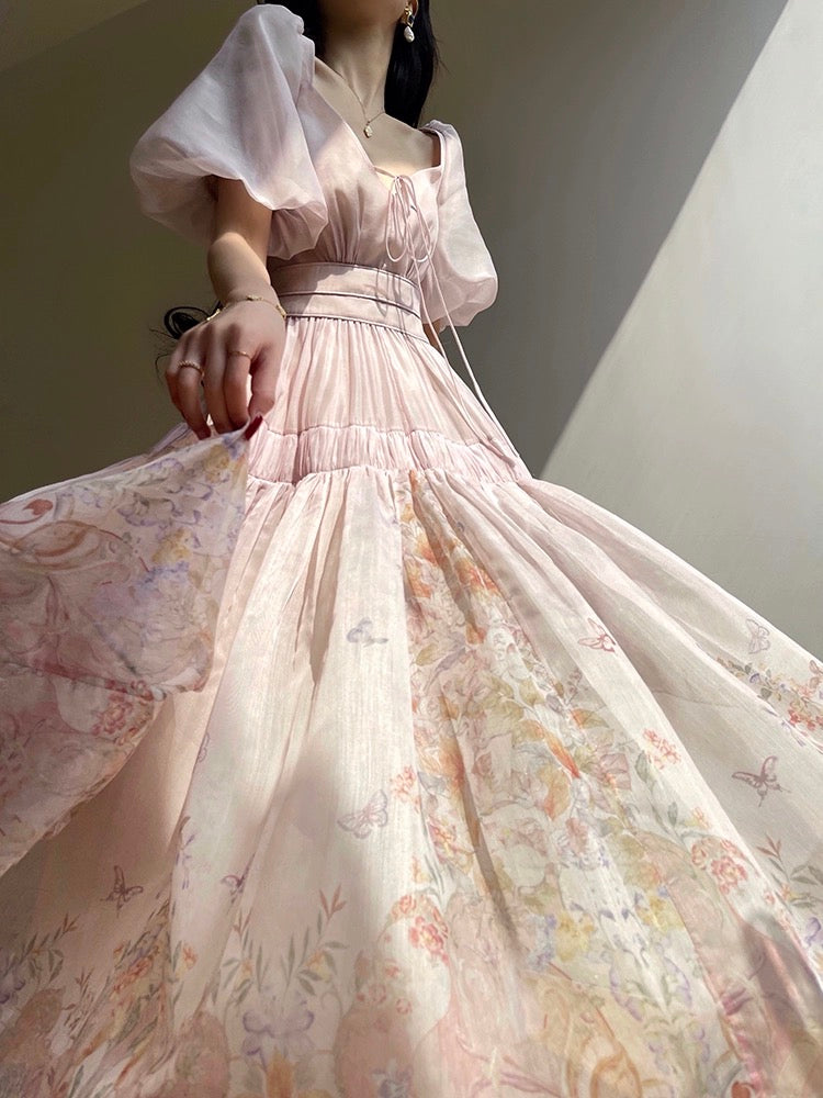 Aconiconi｜Pink and Daisy Flower Shadow French Print Tea Break Skirt Puff Sleeve Gentle Princess Style Fairy Dress