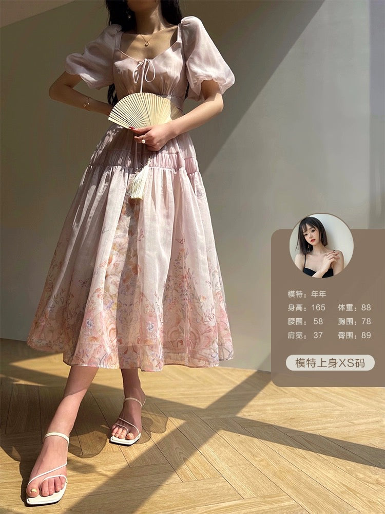 Aconiconi｜Pink and Daisy Flower Shadow French Print Tea Break Skirt Puff Sleeve Gentle Princess Style Fairy Dress