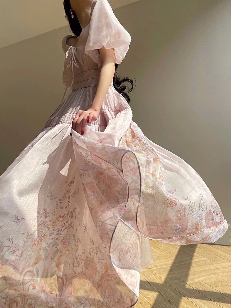 Aconiconi｜Pink and Daisy Flower Shadow French Print Tea Break Skirt Puff Sleeve Gentle Princess Style Fairy Dress