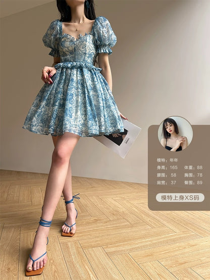 Aconiconi｜Blue Sea Rumbling French Printed Dress Little Man Waist Tea Break Fairy Princess Short Skirt