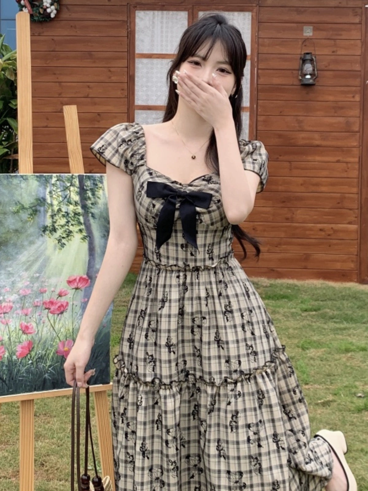 Plus size sweet and spicy plaid long skirt for fat mm waist slimming French dress pear-shaped figure retro black skirt